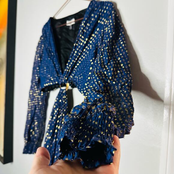 DELFI Collective Cerise Cutout Middle Blue Metallic Gold Dotted Gown Dress L - Picture 12 of 15